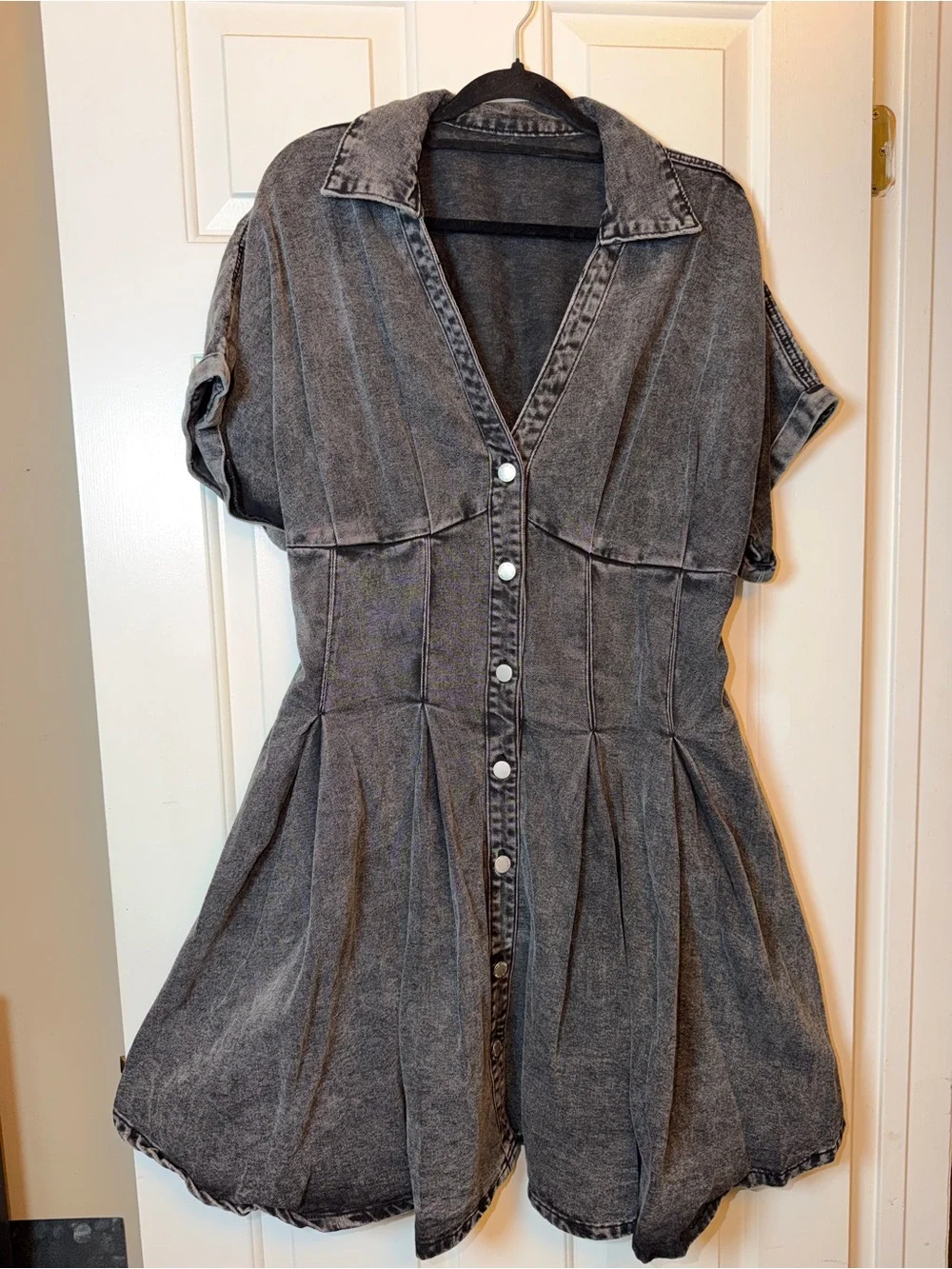 SHEIN Washed Black Short Sleeve Button-Front Midi Dress